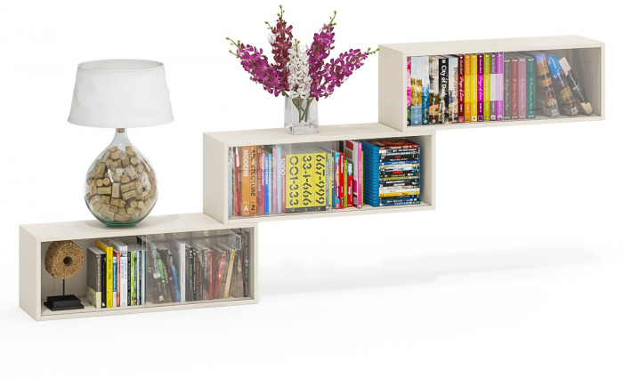 Три полки книжных С-МД-КН01, цвет дуб, ШхГхВ размер каждой полки в отдельности: 83х25х30 см., стеклянные дверцы