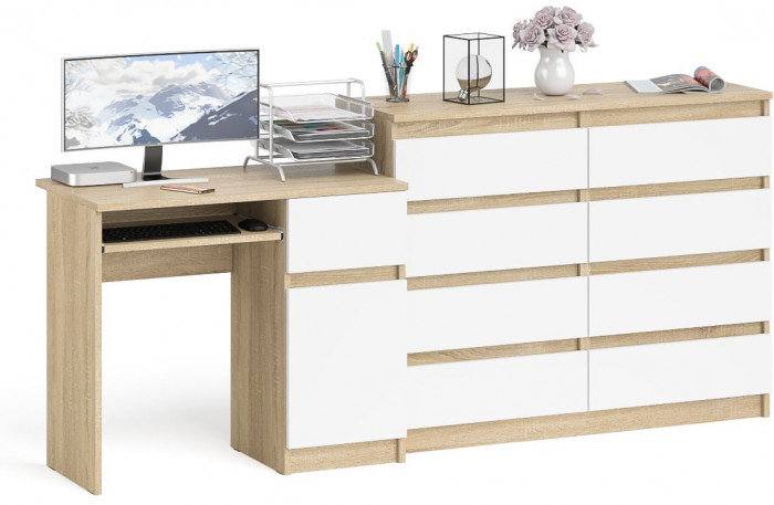 Мори компьютерный стол МС-1 правый + Комод МК1200.8, дуб сонома/белый