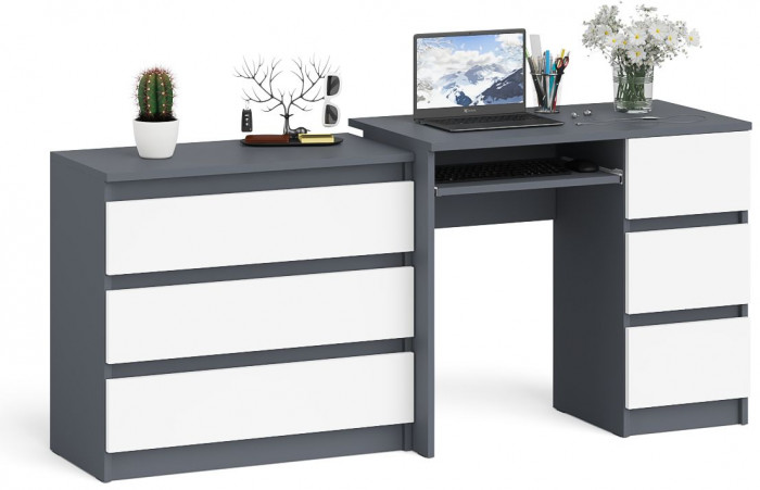 Мори компьютерный стол МС-6 правый + Комод МК800.1, графит/белый