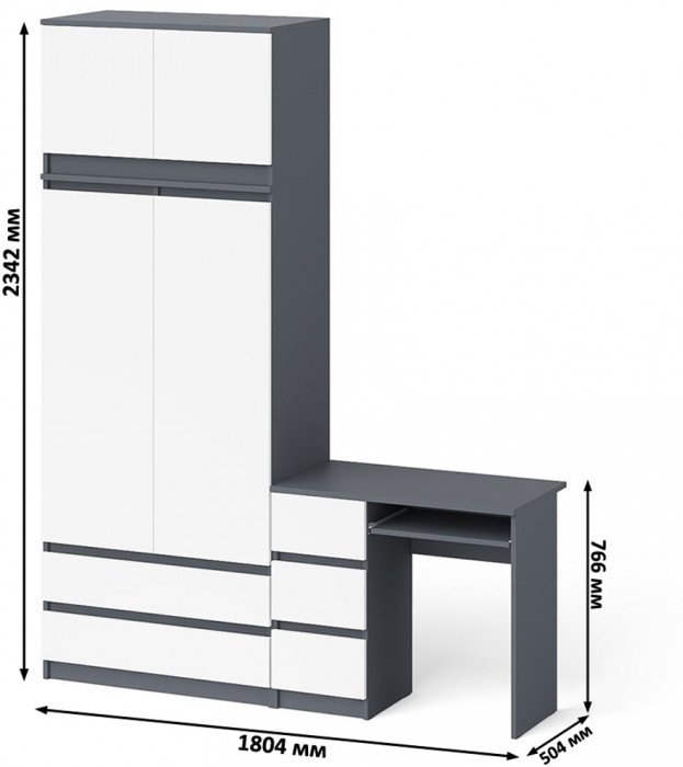 Мори Стол компьютерный МС-6 левый + Шкаф МШ900.1 + Антресоль МА900.1, цвет графит/белый, ШхГхВ 180,4х50,4х234,2 см., выдвиж. ящики слева, НЕ ун. сб.