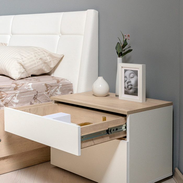 Муссон Кровать 11.41 + ортопед + Тумба 16.03 + Комод 13.97 + Зеркало СВК, цвет белый/дуб эндгрейн элегантный, сп. м. 1600х2000 мм., б/м