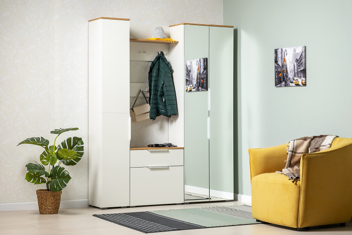 Октава Прихожая 15-123Н, цвет белый шагрень/дуб крафт золотой/фасады МДФ белый шагрень, ШхГхВ 161,5х35,4х197,6 см., универсальная сборка