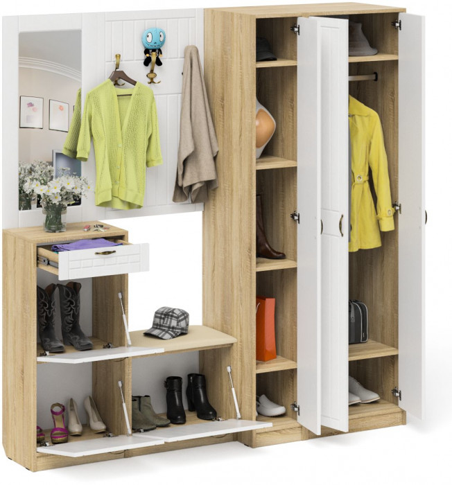 Прихожая П-6 Компоновка № 51, цвет дуб сонома/фасады МДФ белое дерево фрезеровка прованс, ШхГхВ 200х50х210 см., универсальная сборка