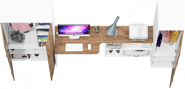 Лидер-8 Шкаф МД 20Б + Стол + Пенал 23Б, белый шагрень/крафт золото