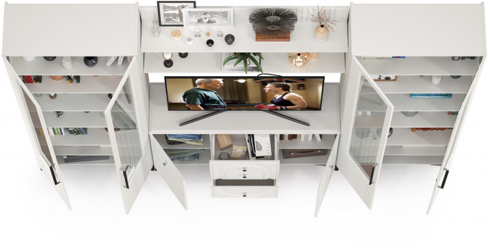 Валенсия Гостиная № 103, цвет ЛДСП белый шагрень/МДФ белый шагрень, ШхГхВ 301,4х38,4х225,2 см., ниша для ТВ 133х38х90 см.