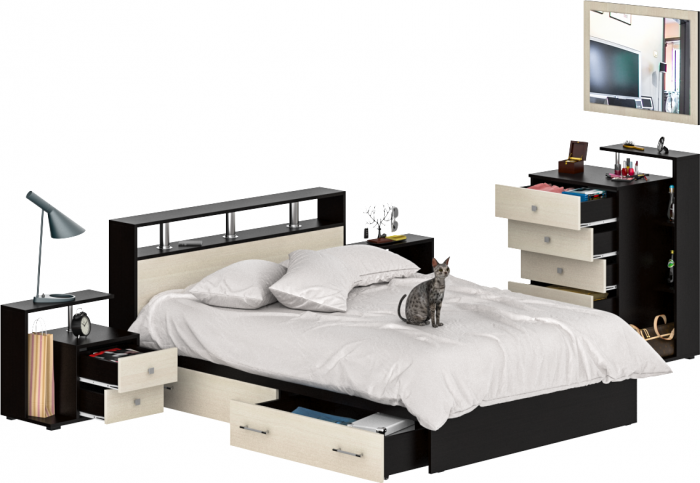 Камелия спальня № 12 Кровать с ящиками 1400 + Две тумбы + Комод + Зеркало, цвет венге/дуб лоредо, сп.м. 1400х2000 мм., б/м, основание есть