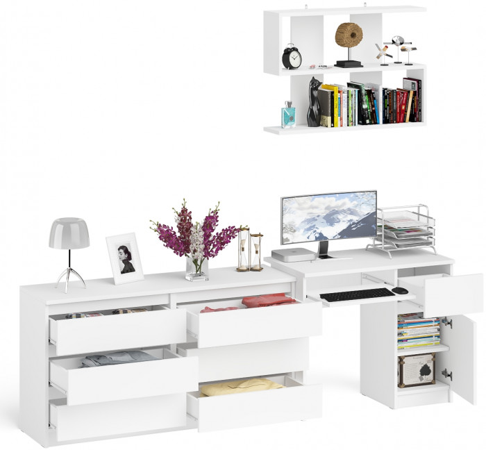 Мори компьютерный стол МС-1 правый + Комод МК1380.6 + Полка 900, белый