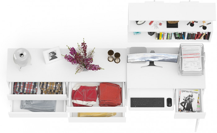 Мори компьютерный стол МС-1 правый + Комод МК1380.6 + Полка 900, белый