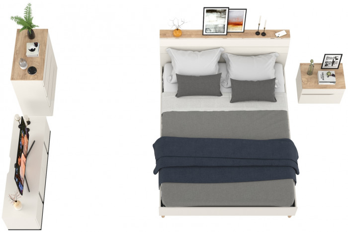 Муссон Кровать 11.41 + ортопед + Тумба 16.03 + Комод 13.97 + Тумба ТВ 13.276, цвет белый/чёрный/дуб эндгрейн элегантный, сп. м. 1600х2000 мм., б/м