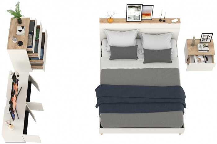 Муссон Кровать 11.41 + ортопед + Тумба 16.03 + Комод 13.97 + Тумба ТВ 13.276, цвет белый/чёрный/дуб эндгрейн элегантный, сп. м. 1600х2000 мм., б/м