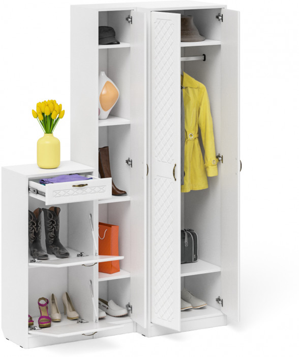 Прихожая П-6 Компоновка № 28, цвет белая шагрень/фасады МДФ белое дерево фрезеровка ромб, ШхГхВ 140х50х210 см., универсальная сборка