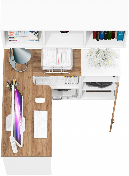 Лидер-8 Стол + Полка + Тумба МД 3.19, белый шагрень/крафт золото