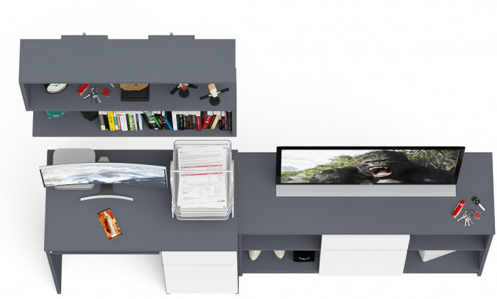 Мори компьютерный стол МС-1 правый + Тумба МТВ1204.1 + Полка 900, графит/белый