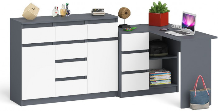 Мори компьютерный стол МС-16 левый + Комод МК1200.4, графит/белый