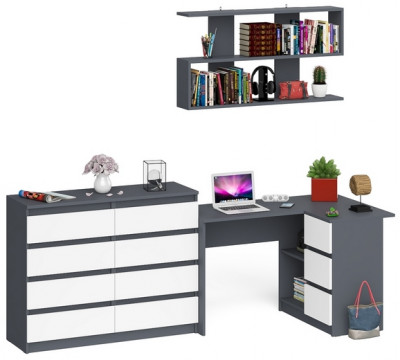 Мори компьютерный стол МС-16 правый + Комод МК1200.8 + Полка 1200, графит/белый