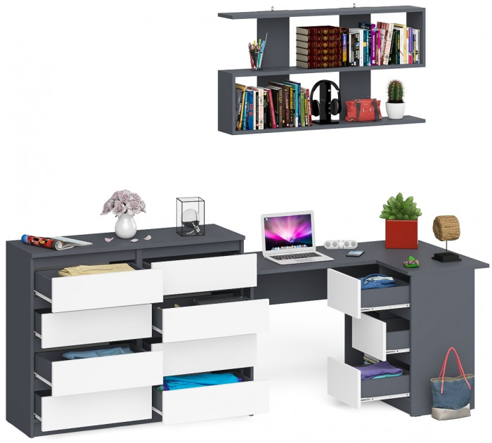 Мори компьютерный стол МС-16 правый + Комод МК1200.8 + Полка 1200, графит/белый
