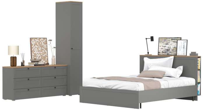 Остин 11.53 Кровать + ортопед + 13.225 Шкаф-пенал + 16.240 Комод, серый графит/дуб крафт золотой