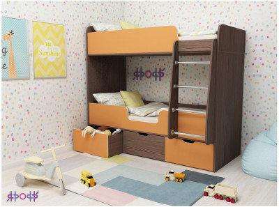 Кровать двухъярусная Малыш Двойняшка (Оранжевый/Ясень Анкор Темный)