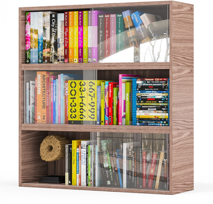 Три полки книжных С-МД-КН01, цвет ясень шимо тёмный, ШхГхВ размер каждой полки в отдельности: 83х25х30 см., стеклянные дверцы