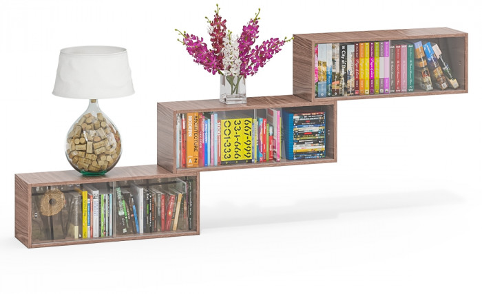 Три полки книжных С-МД-КН01, цвет ясень шимо тёмный, ШхГхВ размер каждой полки в отдельности: 83х25х30 см., стеклянные дверцы