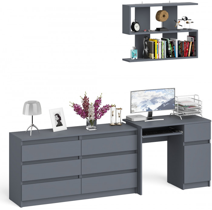 Мори компьютерный стол МС-1 правый + Комод МК1380.6 + Полка 900, графит