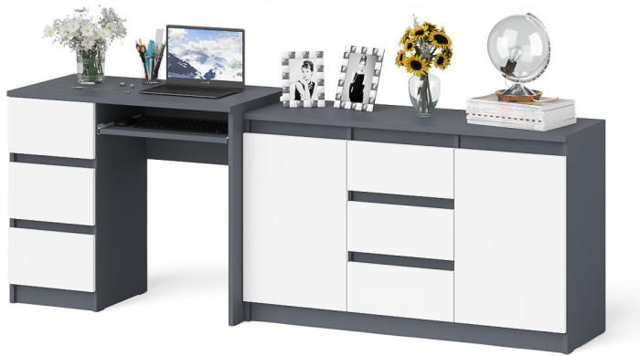 Мори компьютерный стол МС-6 левый + Комод МК1200.3, графит/белый