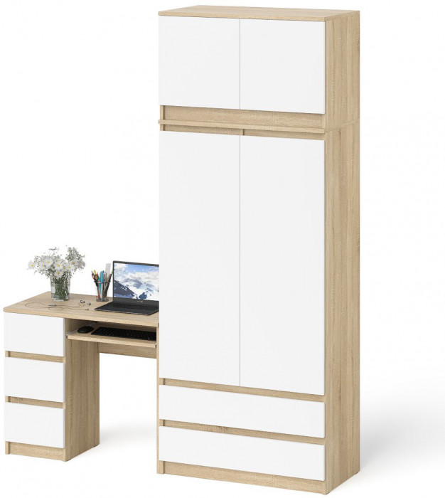 Мори Стол компьютерный МС-6 левый + Шкаф МШ900.1 + Антресоль МА900.1, цвет дуб сонома/белый, ШхГхВ 180,4х50,4х234,2 см., выдвиж. ящ. слева, НЕ ун. сб.