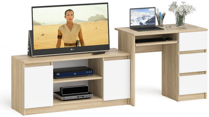 Мори Стол компьютерный МС-6 правый + Тумба МТВ1200.1, цвет дуб сонома/белый, ШхГхВ 210,4х50х76,6 см., выдвижные ящики справа, НЕ универсальная сборка