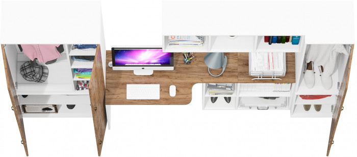 Лидер-8 Шкаф МД 20Б + Стол + Полка + Пенал 21Б, белый шагрень/крафт золото