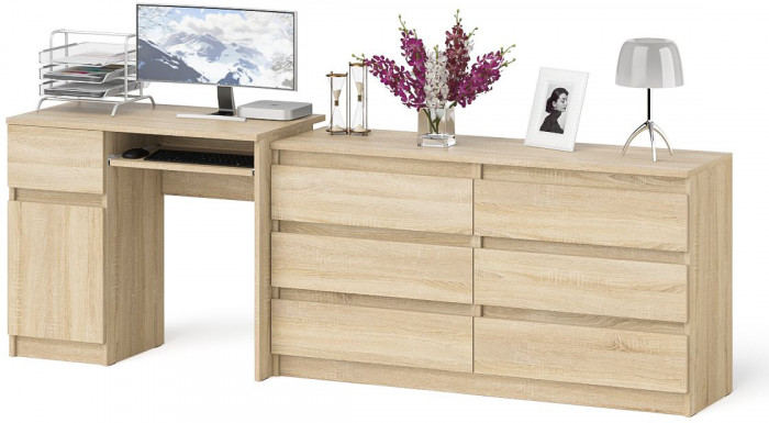Мори компьютерный стол МС-1 левый + Комод МК1380.6, дуб сонома