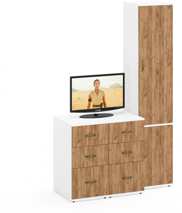 Лидер-8 Пенал МД 22Б + Тумба МД 3.16 + Тумба МД 3.16, цвет белый шагрень/крафт золото, ШхГхВ 120х50х190 см., универсальная сборка