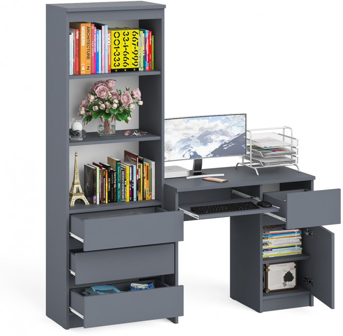 Мори Стол компьютерный МС-1 правый + Стеллаж МСТ600.3, цвет графит, ШхГхВ 150,4х50х179,6 см., выдвижной ящик справа, НЕ универсальная сборка