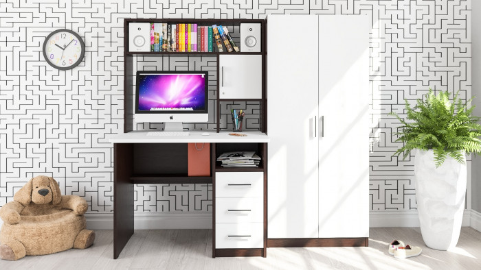 Стол компьютерный С-МД-СК9+Шкаф С-МД-СК9Ш, цвет венге/белый шагрень, ШхГхВ 172х70х160 см., НЕ универсальная сборка