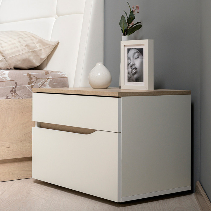 Муссон Кровать 11.41 + ортопед + Тумба 16.03 + Тумба ТВ 13.276, цвет белый/чёрный/дуб эндгрейн элегантный, сп. м. 1600х2000 мм., б/м