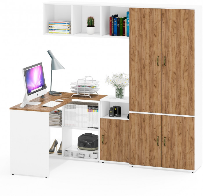 Лидер-8 Стол + Полка + Тумба МД 3.19 + Шкаф МД 20Б, цвет белый шагрень/крафт золото, ШхГхВ 285х50/37,5х75/190 или 115х200/50х75/190 см., НЕ ун. сб.