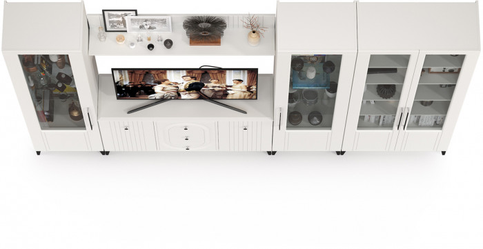 Валенсия Гостиная № 106, цвет ЛДСП белый шагрень/МДФ белый шагрень, ШхГхВ 327,3х38,4х225,2 см., ниша для ТВ 133х38х100 см., универсальная сборка