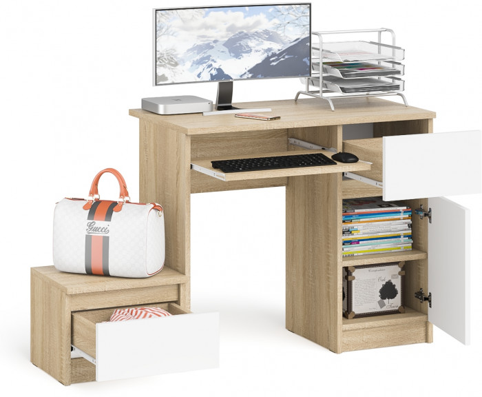 Мори компьютерный стол МС-1 правый + Тумба ТМП400.1, дуб сонома/белый