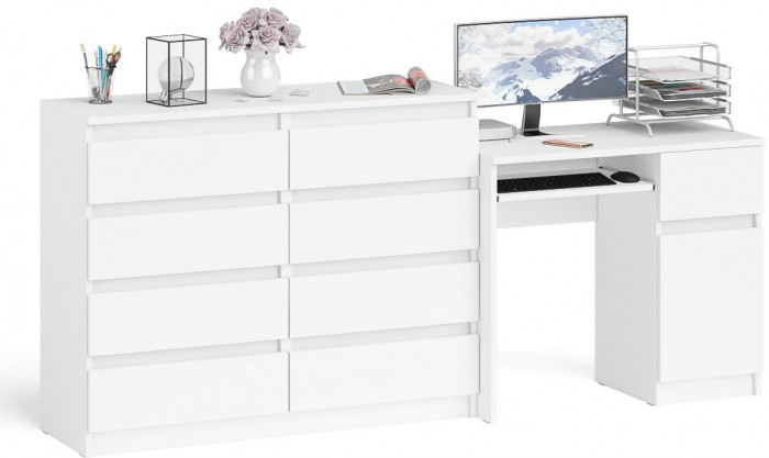 Мори компьютерный стол МС-1 правый + Комод МК1200.8, белый
