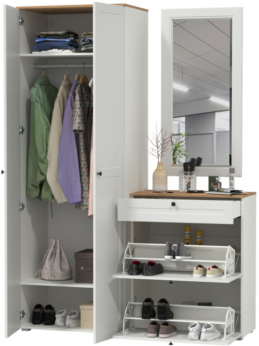 Остин Прихожая 16, цвет белый шагрень/дуб крафт золотой, ШхГхВ 160х54,3х229,6 см., универсальная сборка