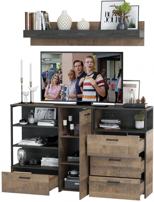 Трувор Гостиная 004, цвет дуб гранж песочный/интра, ШхГхВ 175х37х195 см., универсальная сборка