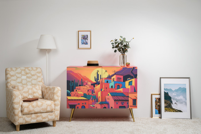 Кармин Комод-тумба 16.230.03, цвет красный/белый, ШхГхВ 115,3х42,6х93,2 см., фасады с рисунком Бразильские домики, две дверки