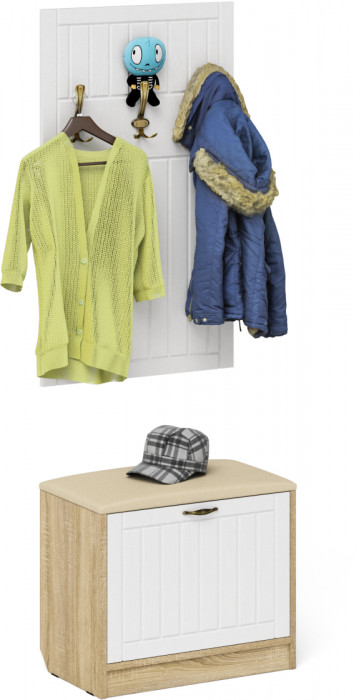 Прихожая П-6 Тумба + Вешалка, дуб сонома/фасады МДФ белое дерево фрезеровка прованс