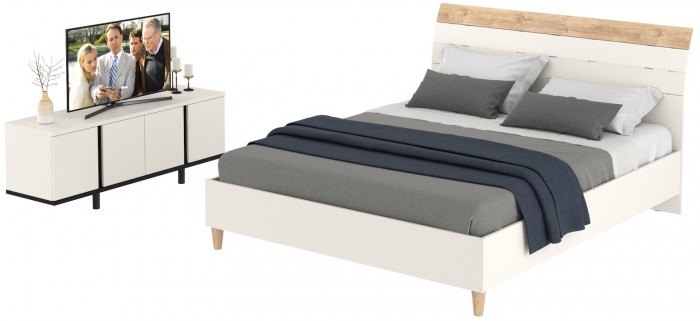 Муссон Кровать 11.41 + ортопед + Тумба под ТВ Квадро 13.276, цвет белый/чёрный/дуб эндгрейн элегантный, сп. м. 1600х2000 мм., б/м