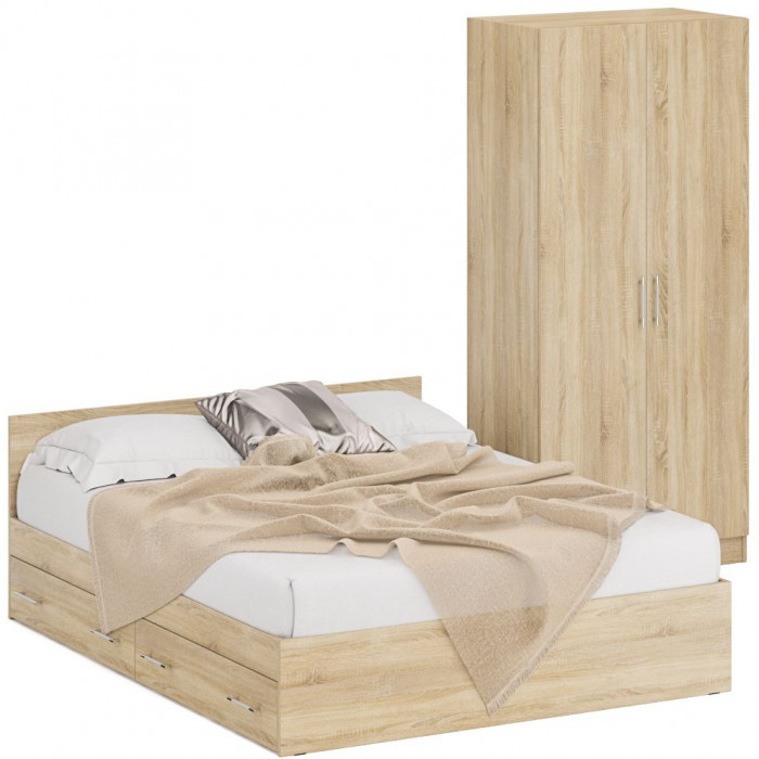 Кровать с ящиками 1600 + Шкаф 2-х створчатый Стандарт, дуб сонома
