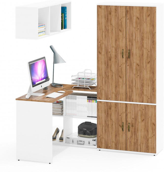 Лидер-8 Стол + Полка + Шкаф МД 20Б, белый шагрень/крафт золото