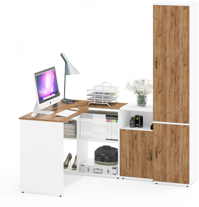 Лидер-8 Стол + Тумба МД 3.19 + Пенал МД 21Б, цвет белый шагрень/крафт золото, ШхГхВ 245х50/37,5х75/190 или 115х160/50х75/190 см., НЕ ун. сборка