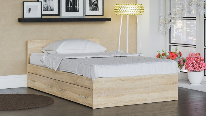 Мори Кровать с ящиками 1200, цвет дуб сонома, ШхГхВ 123,5х203,5х70 см., сп.м. 1200х2000 мм., без матраса, основание есть