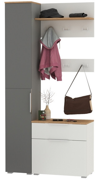 Октава Прихожая 50, цвет белый шагрень/серый графит/дуб крафт золотой/фасады МДФ белый шагрень/серый графит, ШхГхВ 97,1х35,4х197,6 см., ун. сб.