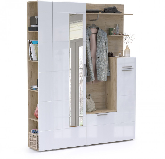 Лайн Прихожая № 08, цвет дуб крафт серый/фасады МДФ белый глянец, ШхГхВ 166,8х35,1х210 см., НЕ универсальная сборка