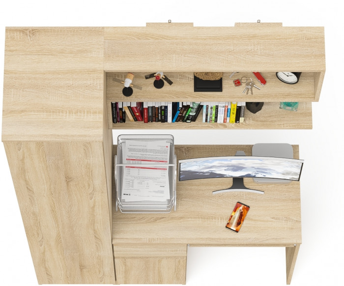 Мори Стол компьютерный МС-1 левый + Пенал МШ400.1 + Полка 900, цвет дуб сонома, ШхГхВ 130,4х50,4х209,6 см., НЕ универсальная сборка